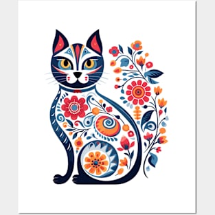 Folk Art Feline: Colorful Floral Cat Illustration Posters and Art